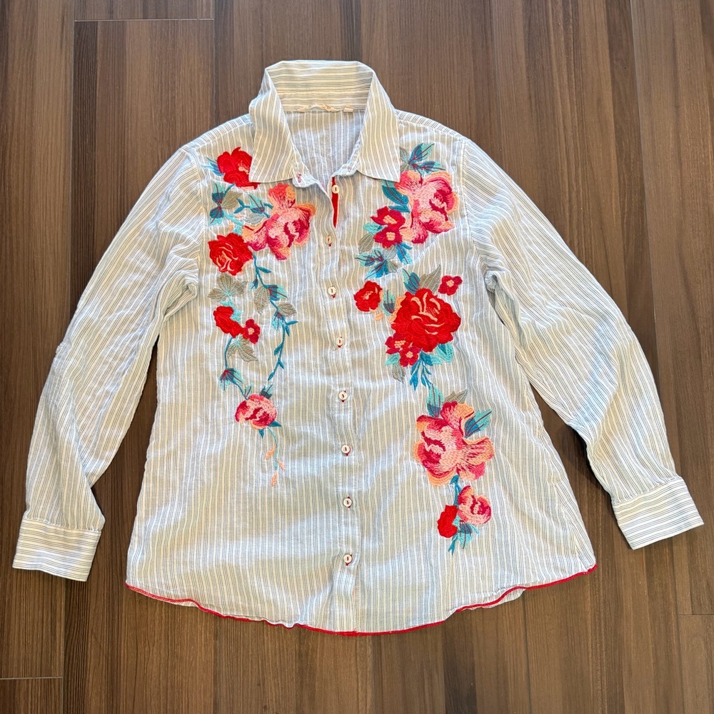 Soft Surroundings White Striped Shirt with Red and Pink Floral Embroidery